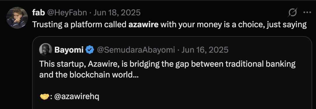 Tweet warning others about Azawire